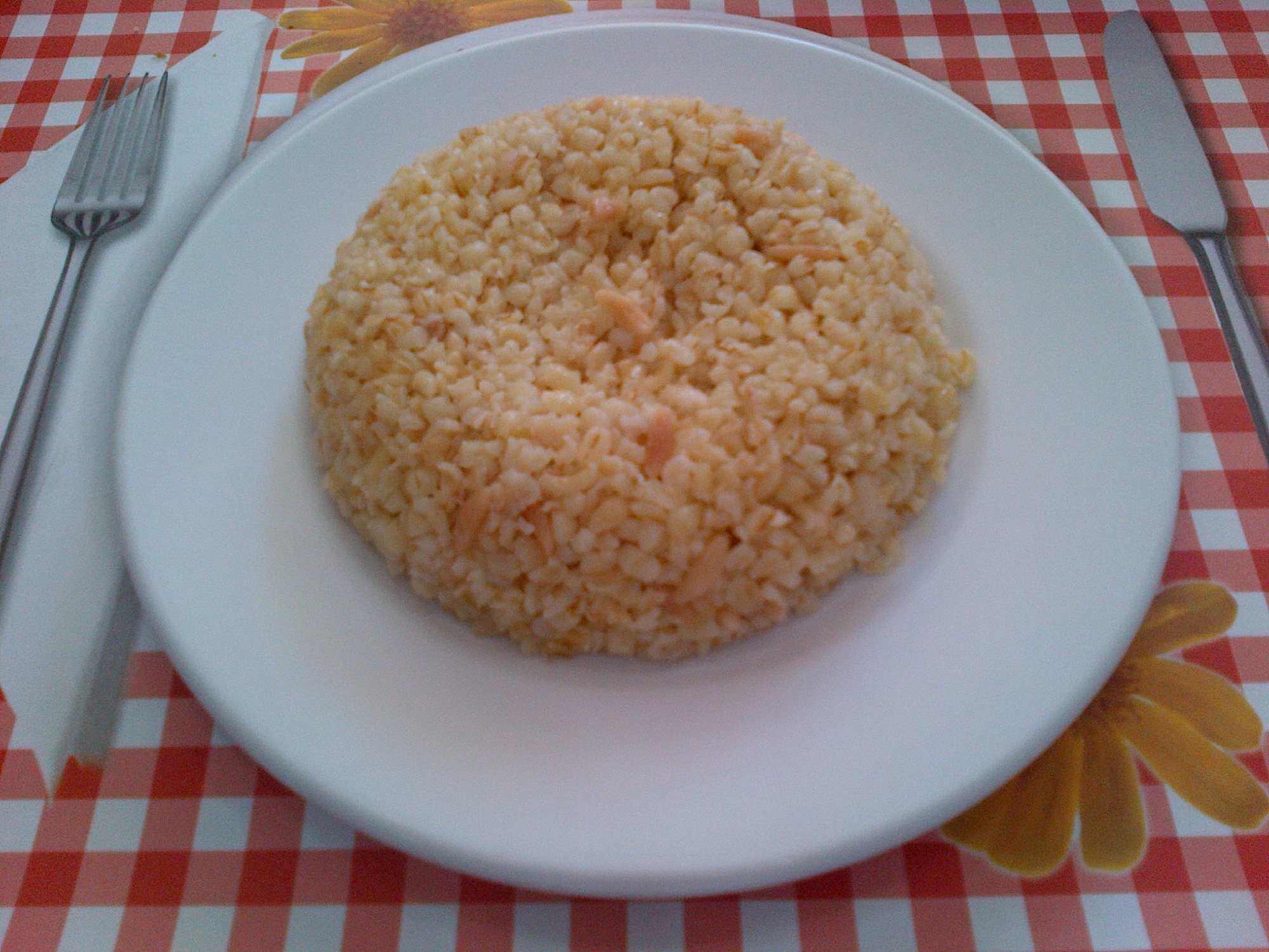 Kubbe şeklinde servis edilmiş şehriyeli bulgur pilavı, kareli masa örtüsü üzerinde